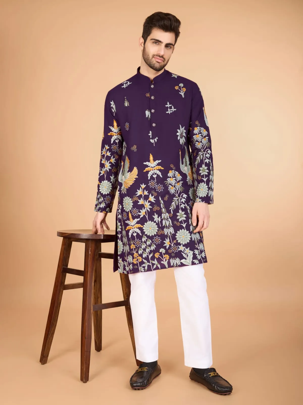 Purple Colour Soft Viscose Reyon Silk Heritage Style With Heavy Thread Work With Sequines Work Kurta Payjama