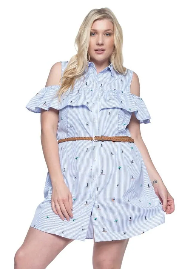 Ruffle Cold Shoulder Shirt Dress