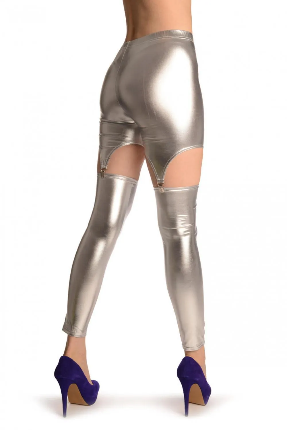 Silver Faux Leather Suspender Clip On Leggings