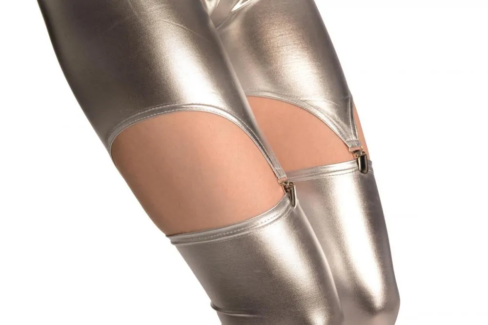 Silver Faux Leather Suspender Clip On Leggings