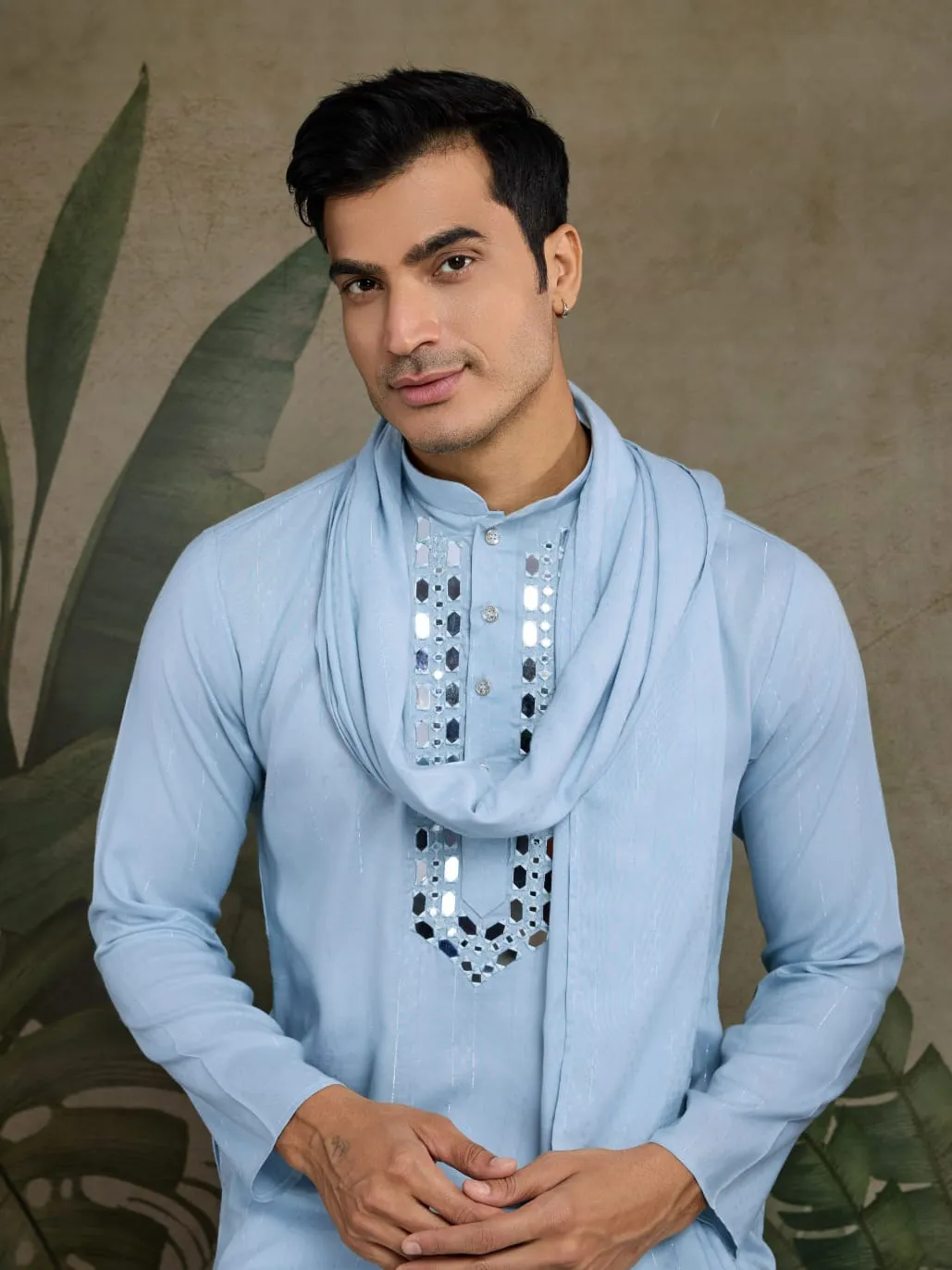 Sky Viscose Silk Heavy Thread With Real Mirror Work Kurta Pajama