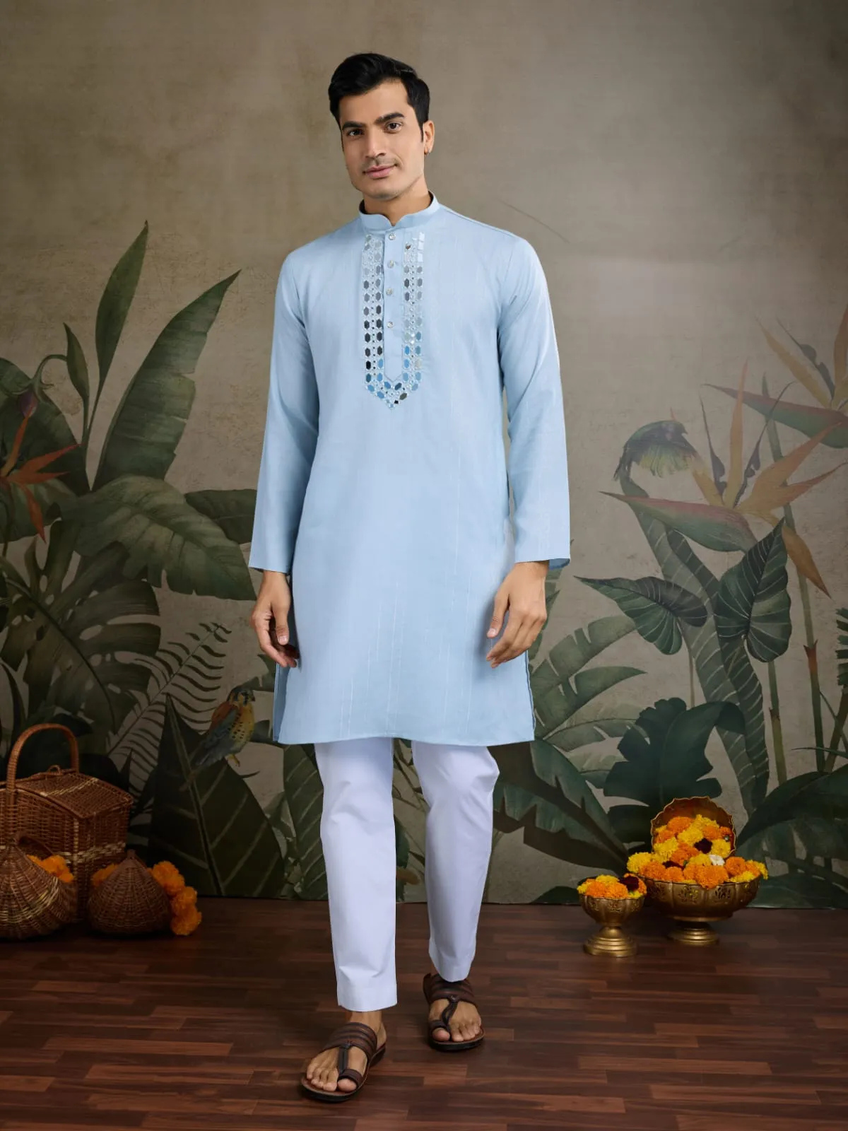 Sky Viscose Silk Heavy Thread With Real Mirror Work Kurta Pajama
