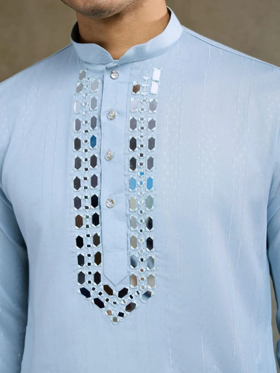 Sky Viscose Silk Heavy Thread With Real Mirror Work Kurta Pajama