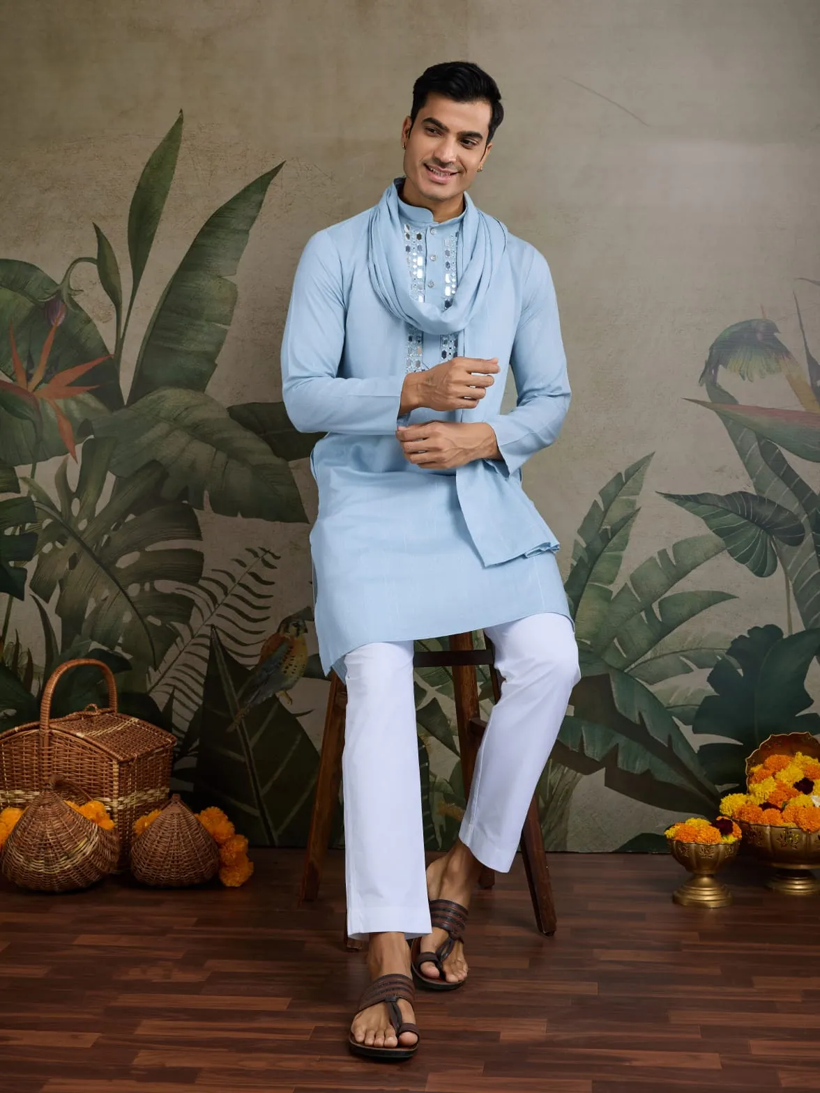 Sky Viscose Silk Heavy Thread With Real Mirror Work Kurta Pajama