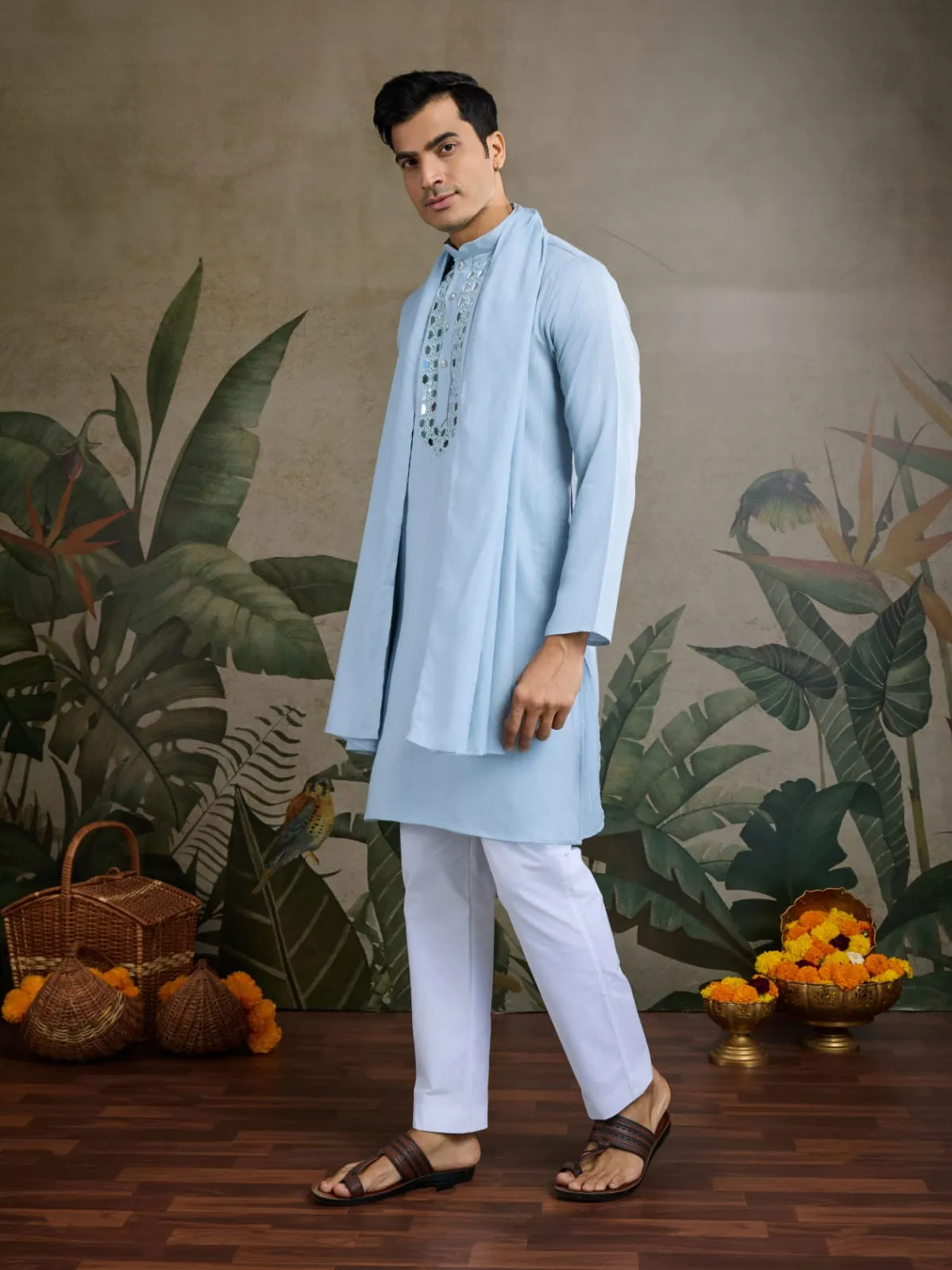 Sky Viscose Silk Heavy Thread With Real Mirror Work Kurta Pajama