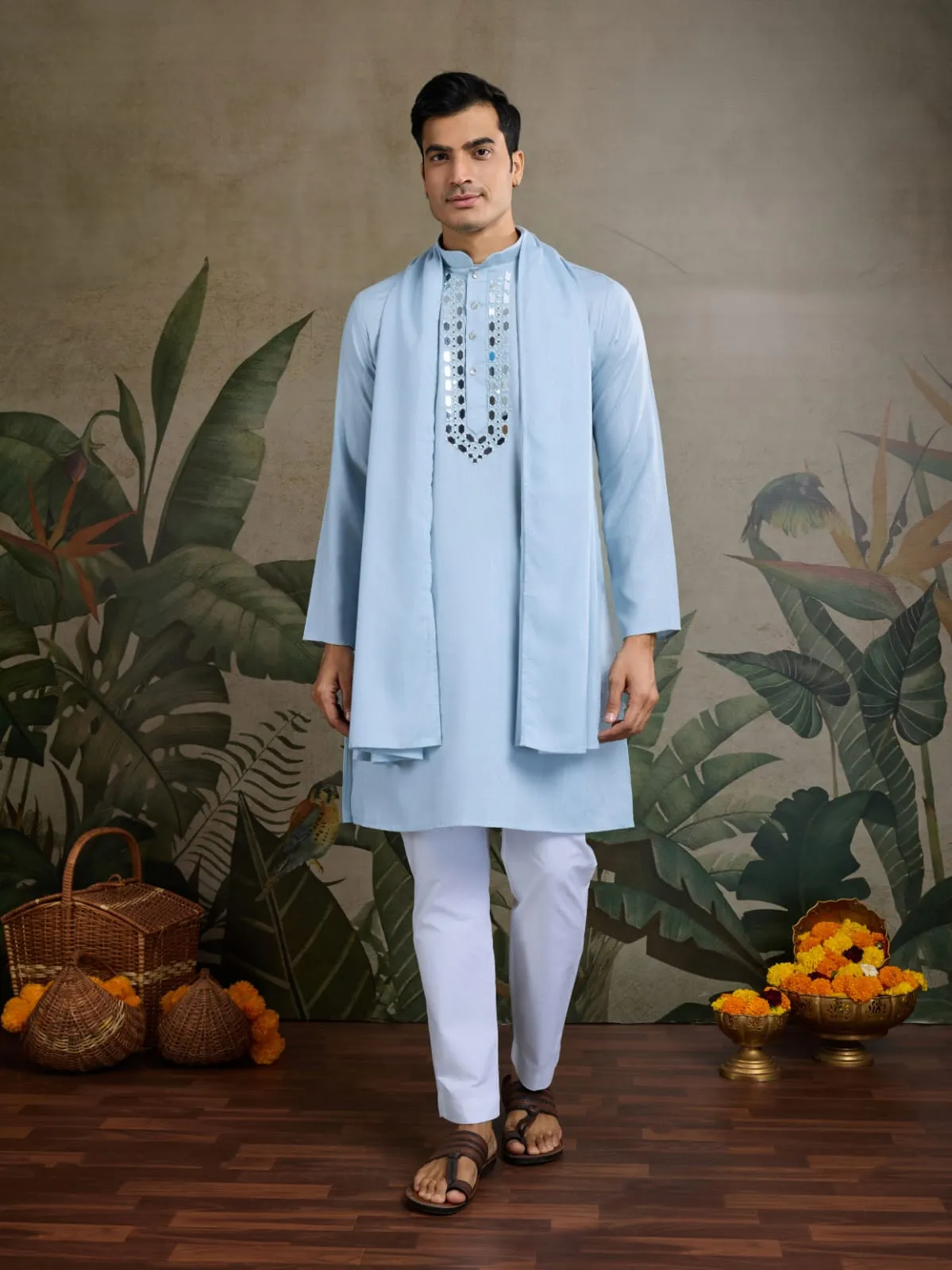 Sky Viscose Silk Heavy Thread With Real Mirror Work Kurta Pajama
