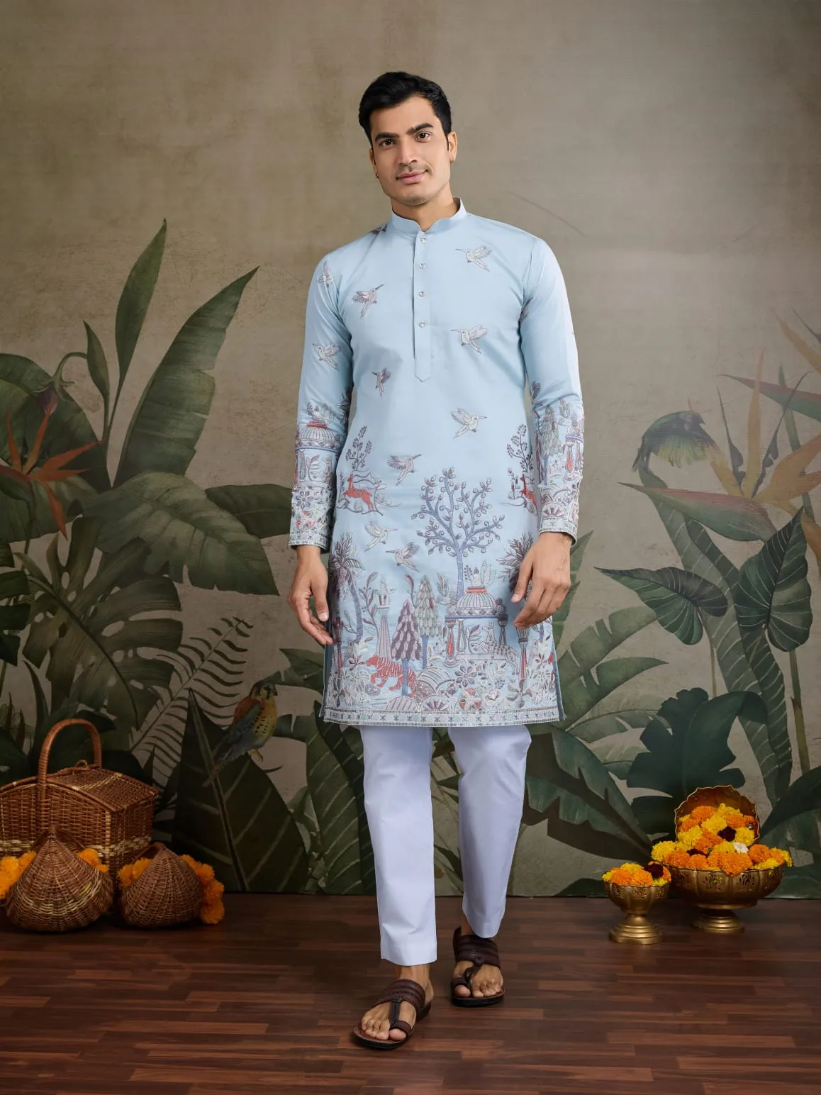 Sky Viscose Silk Heavy Thread Work Kurta Pajama