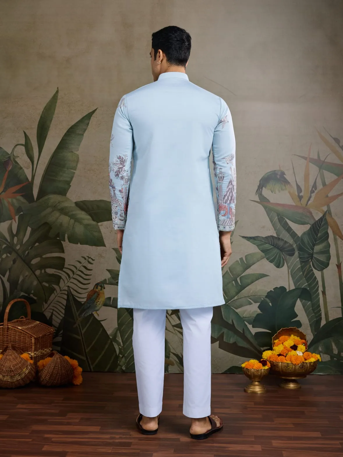 Sky Viscose Silk Heavy Thread Work Kurta Pajama