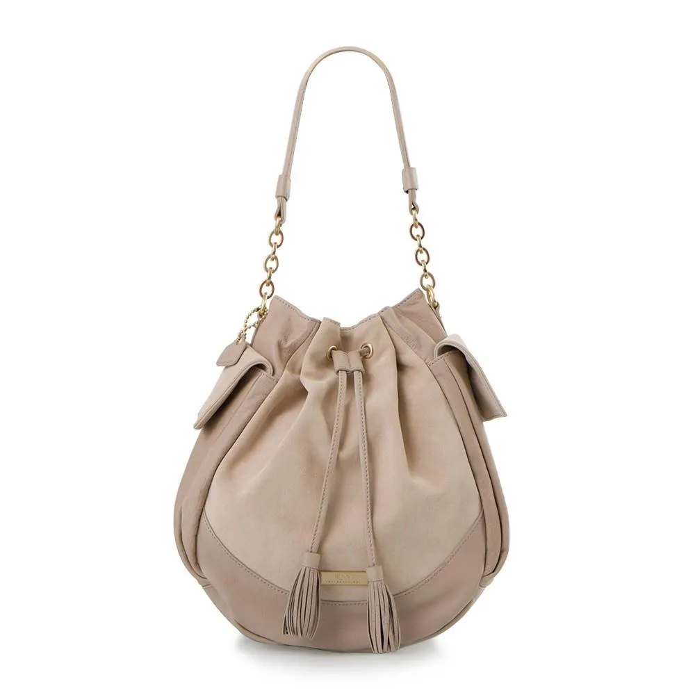 Soho Suede/Leather Large Drawstring Bag - Taupe