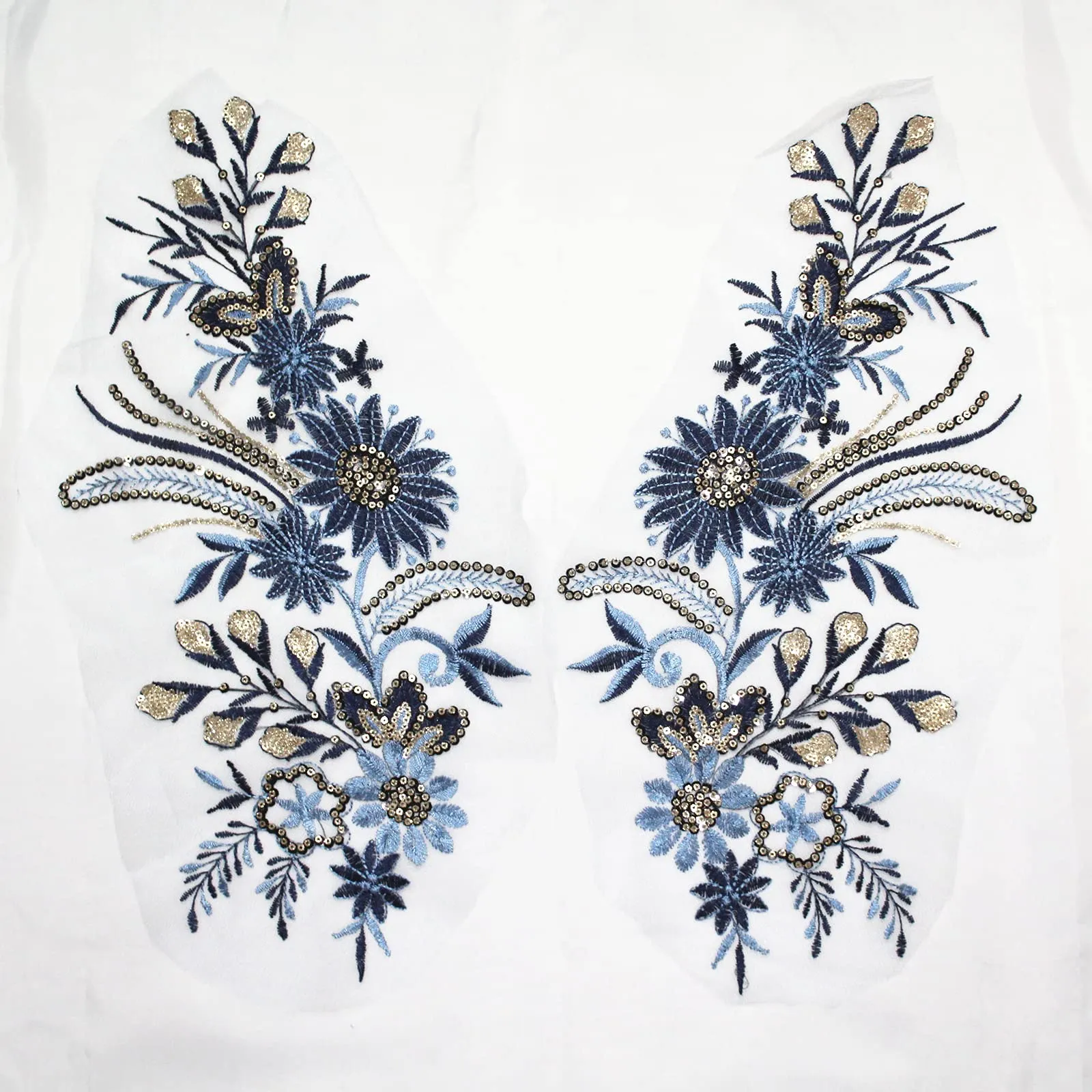 SUNMOVE One Set Flower Embroidery Sequin Lace Applique Sewing Fabric Collar Patch Motif Wedding Gown Dress Bridal DIY Crafts
