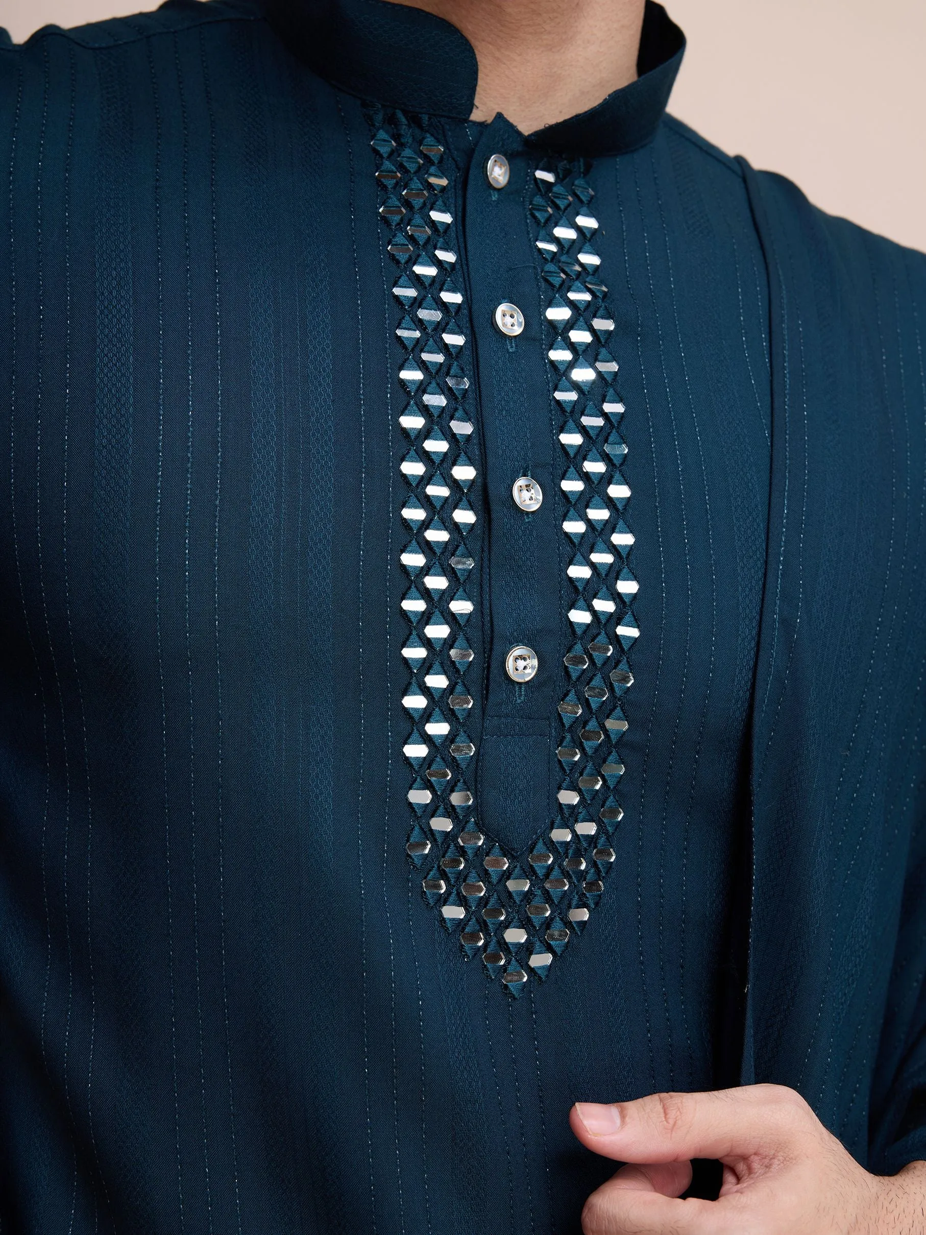 Teal Blue Colour Viscose Silk With Heavy Mirror Work Kurta Payjama