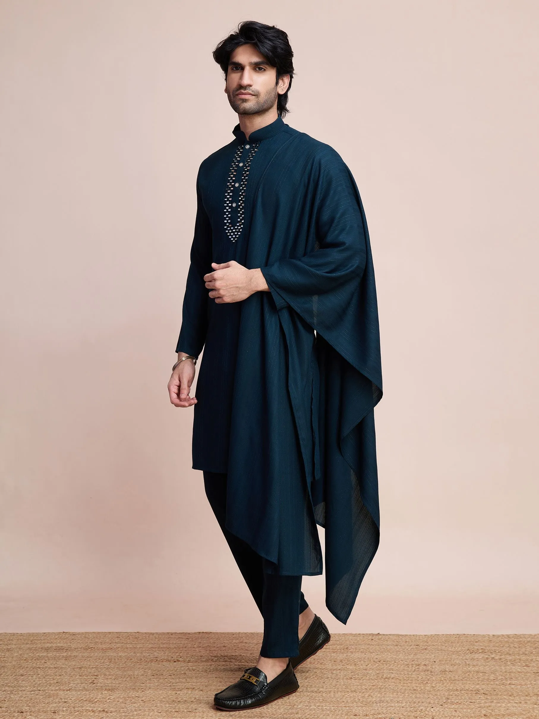 Teal Blue Colour Viscose Silk With Heavy Mirror Work Kurta Payjama