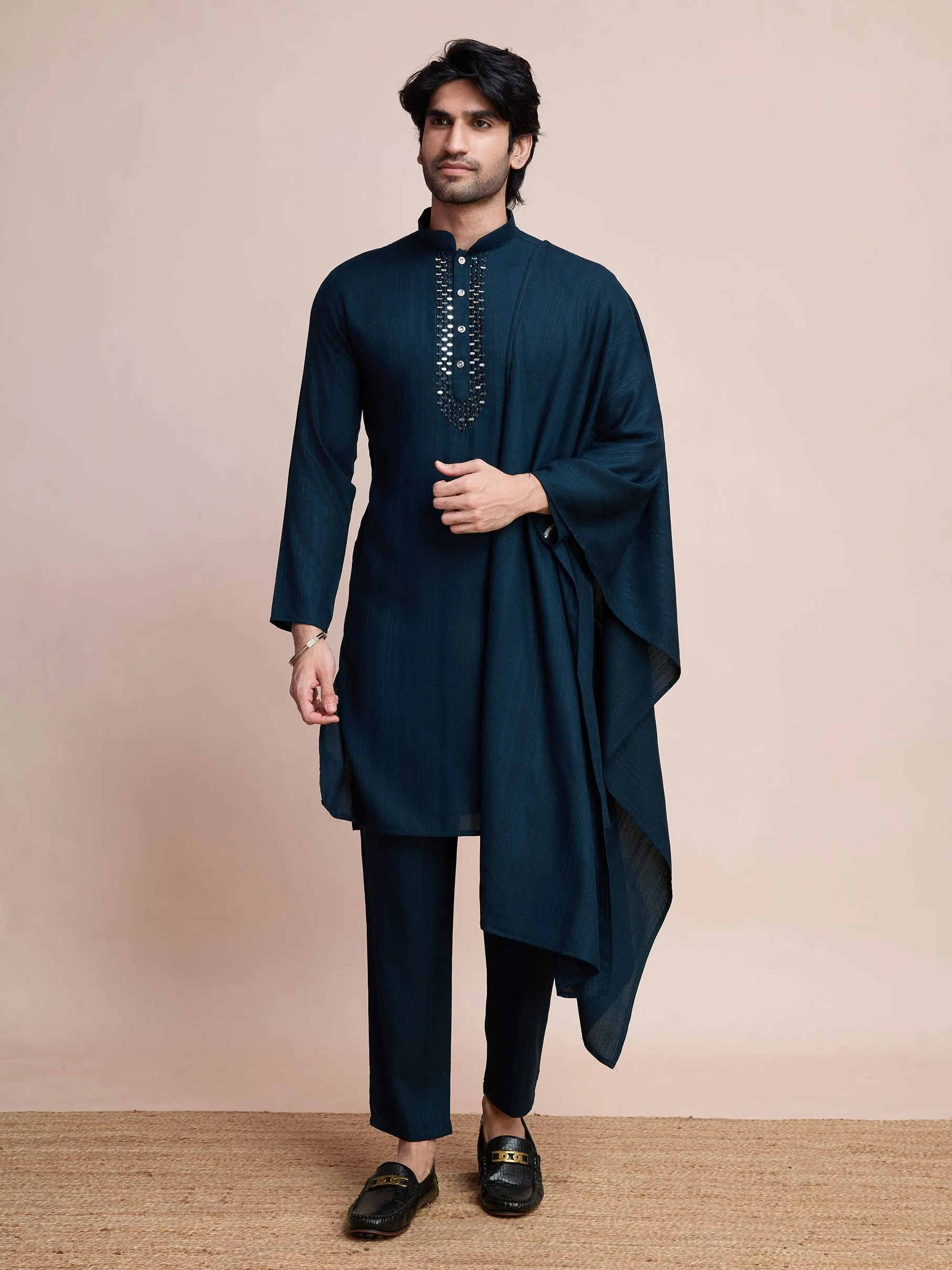 Teal Blue Colour Viscose Silk With Heavy Mirror Work Kurta Payjama