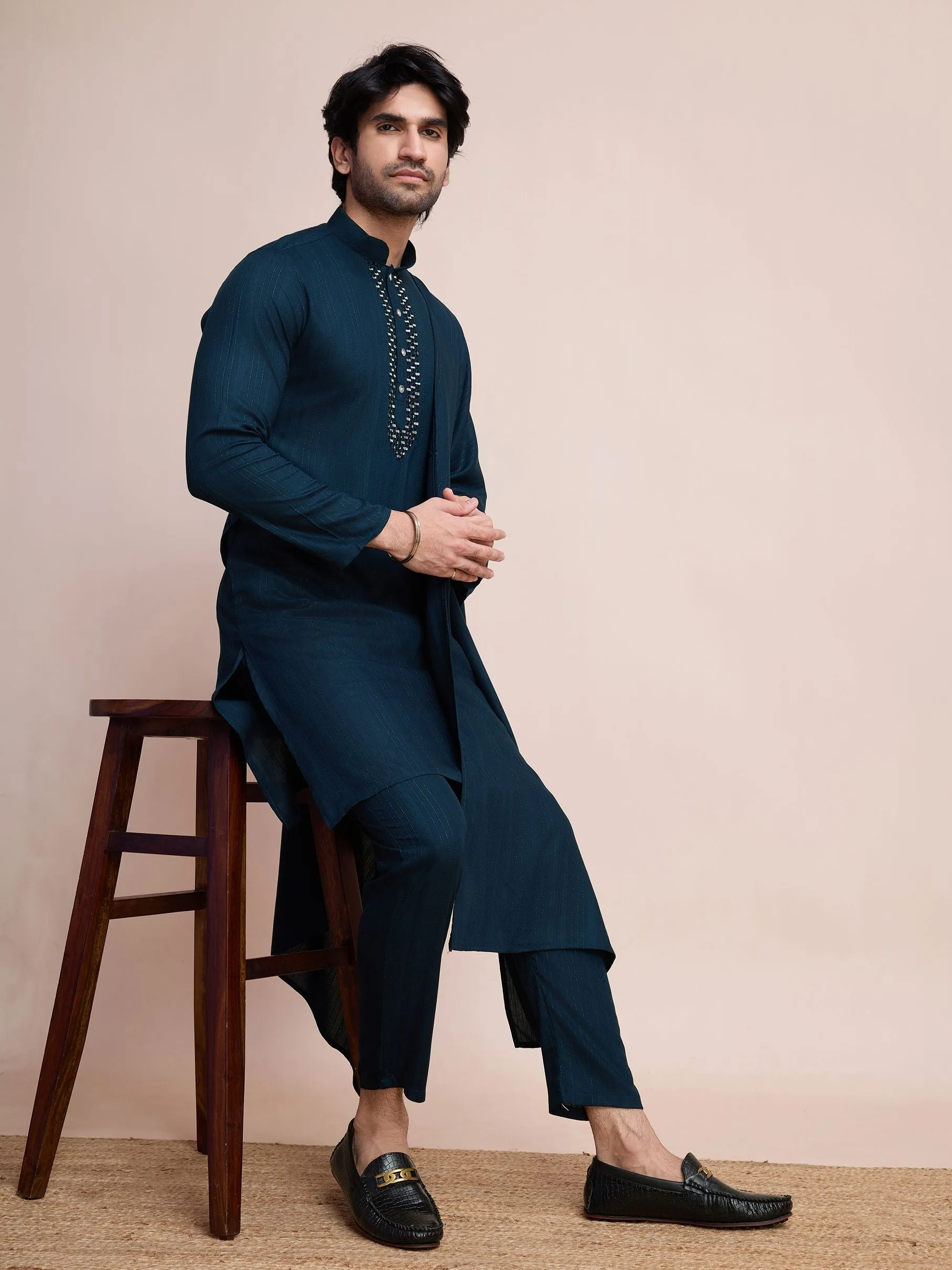 Teal Blue Colour Viscose Silk With Heavy Mirror Work Kurta Payjama