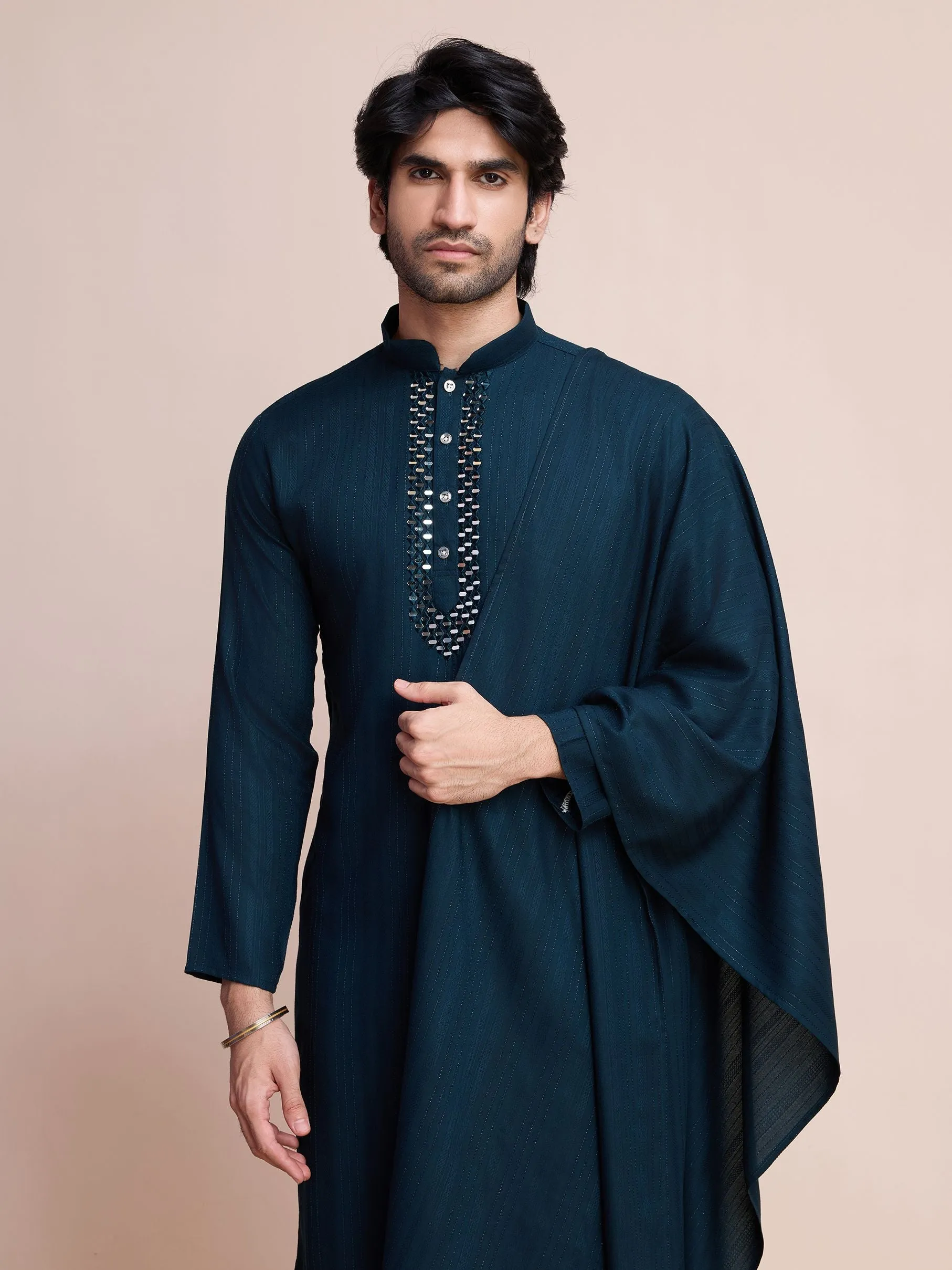 Teal Blue Colour Viscose Silk With Heavy Mirror Work Kurta Payjama