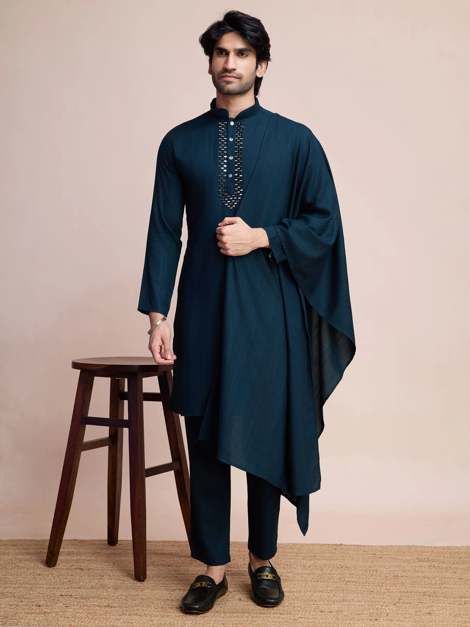 Teal Blue Colour Viscose Silk With Heavy Mirror Work Kurta Payjama