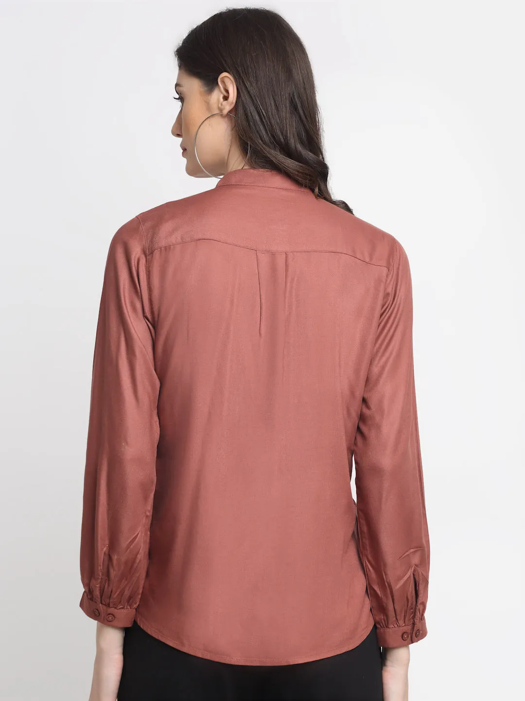Women's Casual  Rust Solid Mandarin Collar Tunic